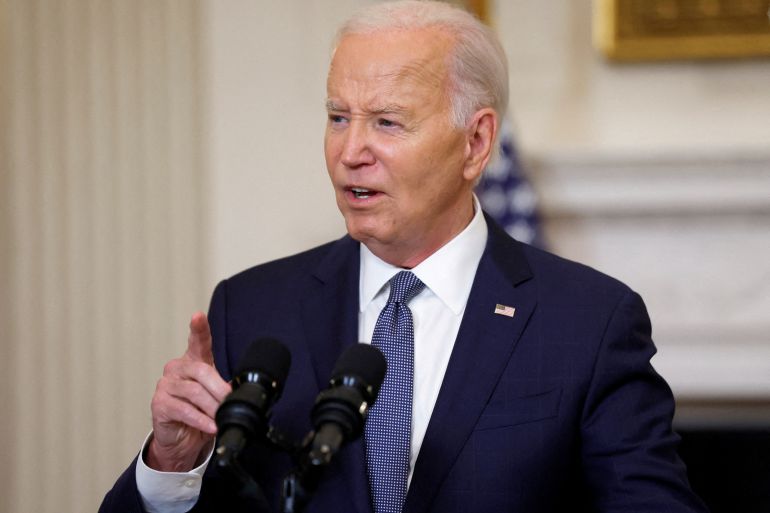 U.S. President Joe Biden delivers remarks on the Middle East in the State Dining room at the White House in Washington, U.S., May 31, 2024. REUTERS/Evelyn Hockstein