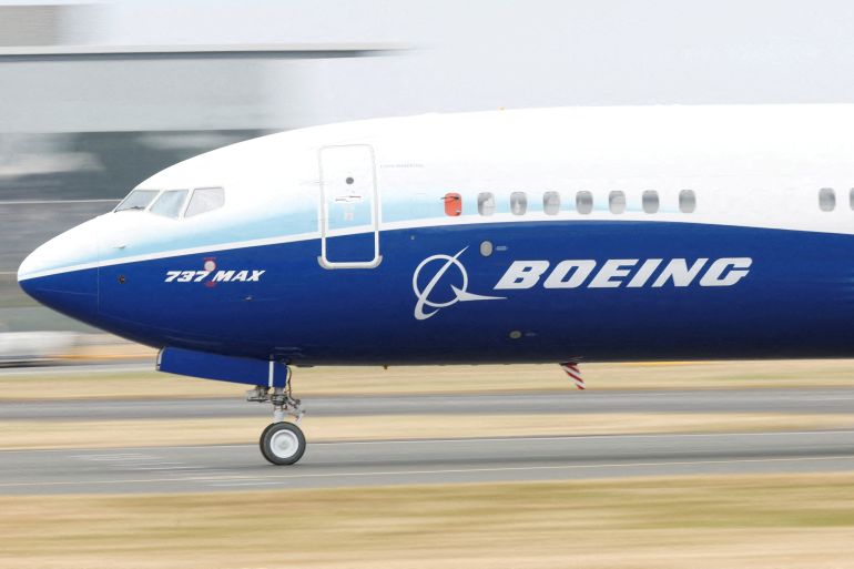 A Boeing 737 Max aircraft during a display at the Farnborough International Airshow, in Farnborough, Britain