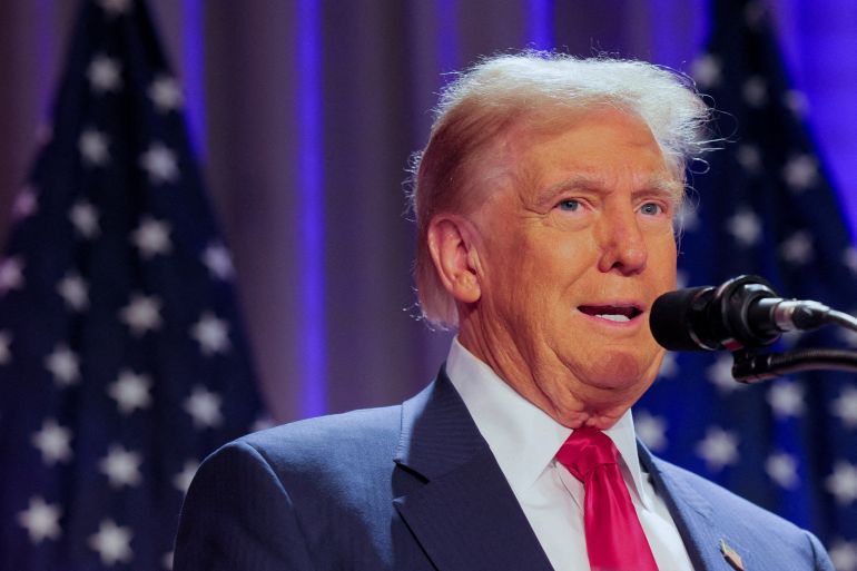 Donald Trump speaks into a microphone