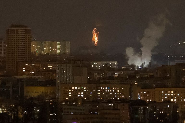An explosion of a drone is seen in the sky over the city during a Russian drone strike, amid Russia's attack on Ukraine, in Kyiv, Ukraine December 5, 2024. REUTERS/Gleb Garanich TPX IMAGES OF THE DAY