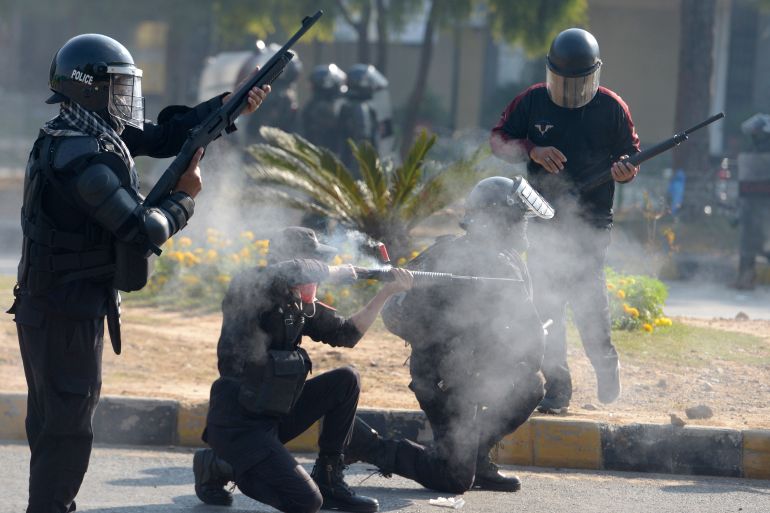 Pakistani law enforcement personnel during PTI protests on November 26, 2024
